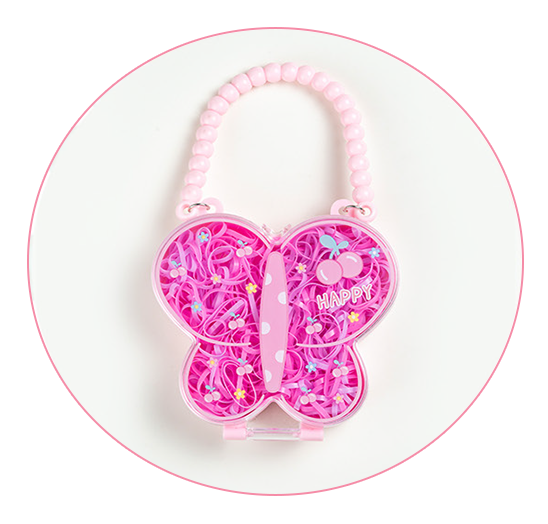 A butterfly-shaped pink plastic case with a beaded handle.