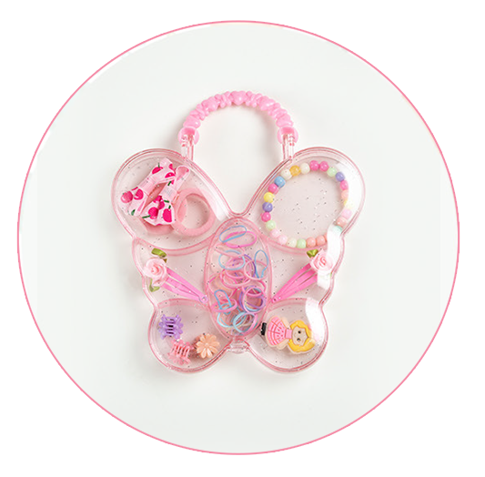 A butterfly-shaped transparent pink plastic case with a pink beaded handle