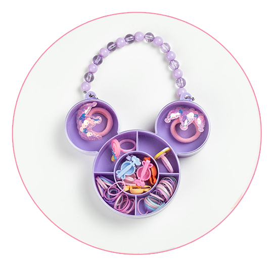 A purple, mouse-ear-shaped accessory case