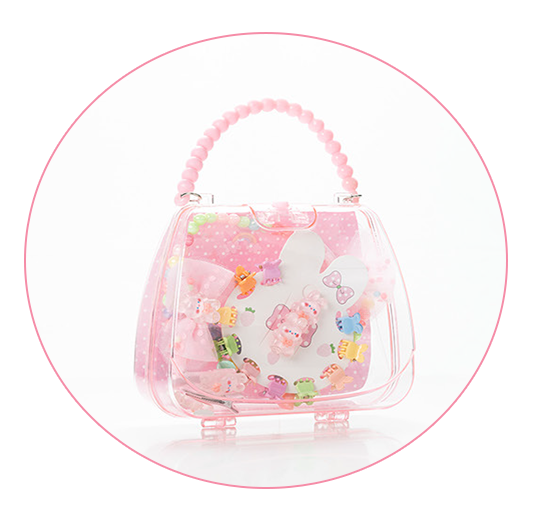 A transparent pink handbag-shaped accessory case