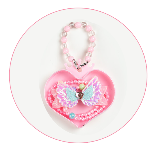 Glitter Butterfly Hair Clip & Beaded Necklace Set in Heart Case