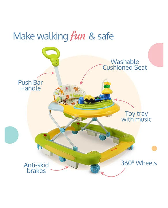 LuvLap Comfy 2-in-1 Baby Walker & Rocker, Parental Push Handle, Anti-Fall, Adjustable Height, Light, Rattle & Music Toys, Cushioned Walker (Green)