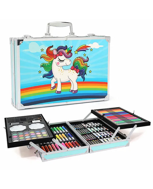 Color Art Drawing Set 155 Pieces With Acrylic Paint, Colored Pencils, Oil Pastel Crayons, Sketch Pens, Watercolors, Brushes Big Coloring Suitcase, Portable Foldable Design with Carrying Handle and Snap (Blue Unicorn)