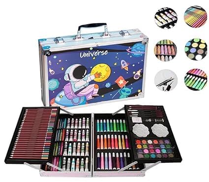 Color Art Drawing Set 155 Pieces With Acrylic Paint, Colored Pencils, Oil Pastel Crayons, Sketch Pens, Watercolors, Brushes Big Coloring Suitcase, Portable Foldable Design with Carrying Handle and Snap (Blue Unicorn)