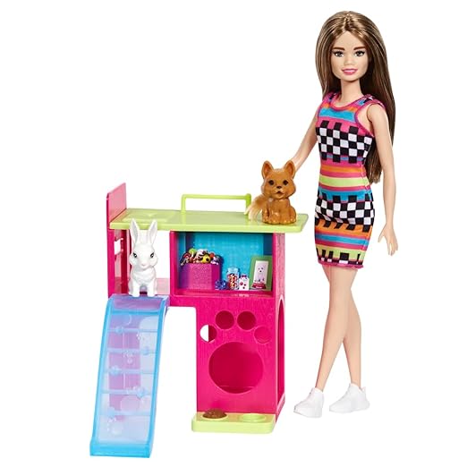 Barbie® Playset with Pet Playhouse, Doll (Brunette, Petite), Puppy and Bunny Pets