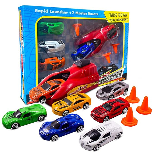 High-Speed Toy Car Launcher Toys for Kids Includes 7 Metal Die-Cast Racing Cars