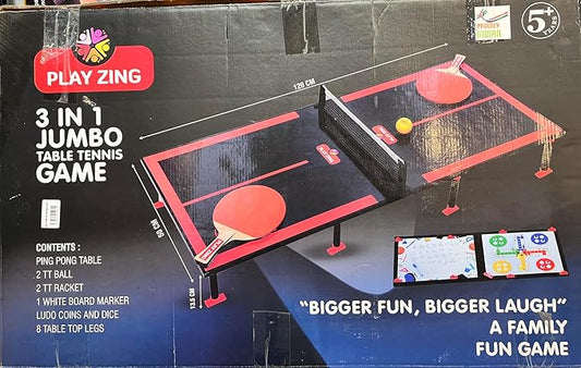 3-in-1 Jumbo Table Tennis Game Set, 120 cm, with 2 TT Balls, 2 Rackets, Ludo Game, Family Fun