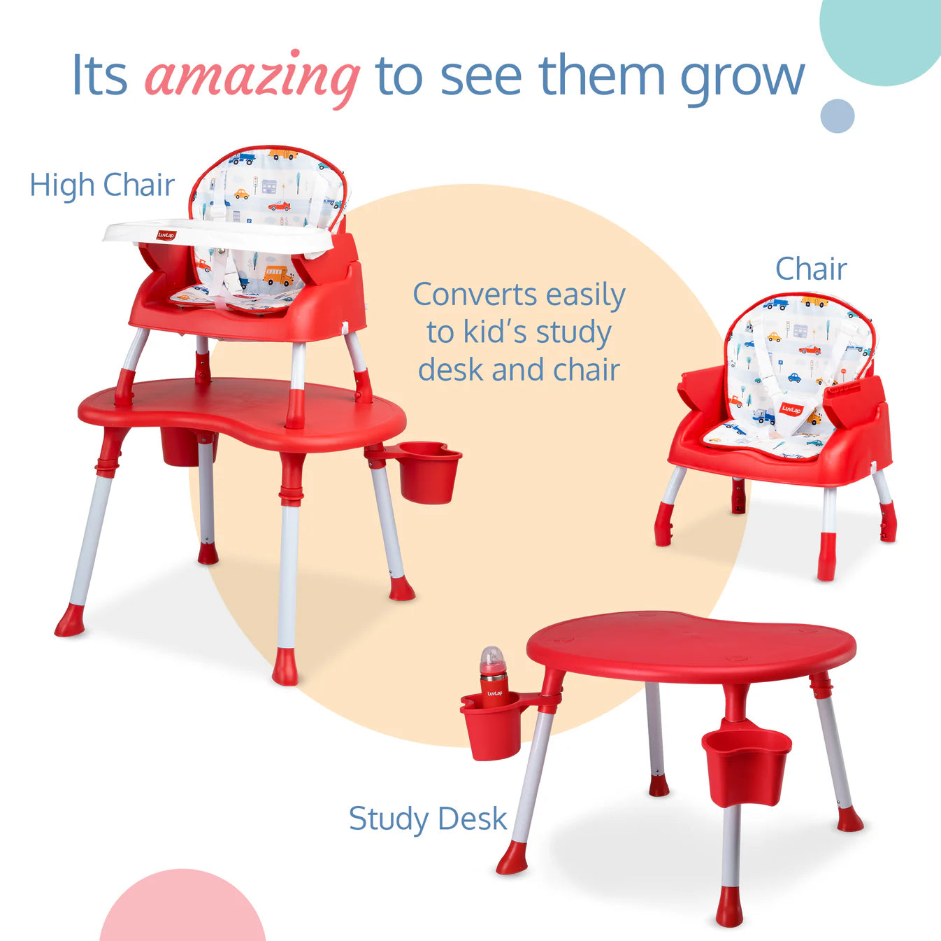 LuvLap 4 in 1 Convertible Baby High Chair with Printed Cushion, 5 Point Safety Belts, High Chair, Low Chair, Booster Chair and Table for Baby, Removable & Washable Food Tray 6 Months+, Red