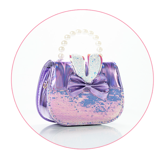 A small, stylish handbag with a purple and pink color scheme.
