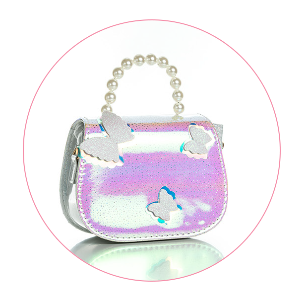 A shiny, iridescent finish bag with shades of pink, purple, and white