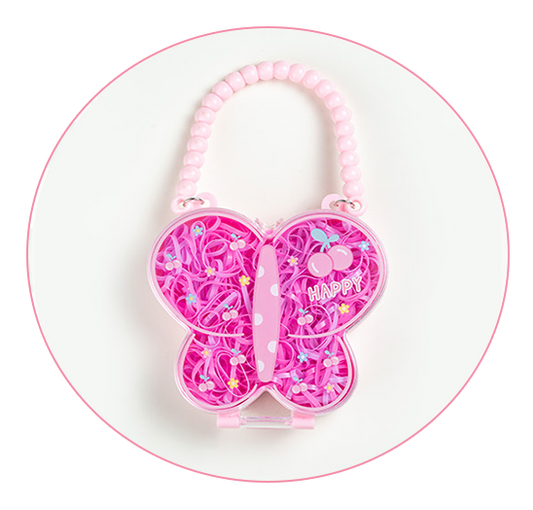 A butterfly-shaped pink plastic case with a beaded handle.