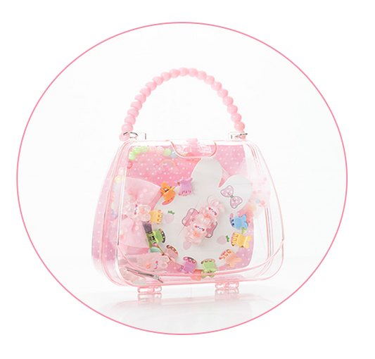 A transparent pink handbag-shaped accessory case