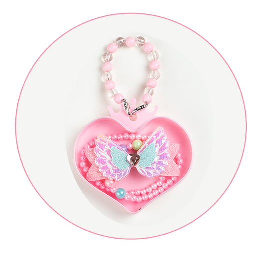 Glitter Butterfly Hair Clip & Beaded Necklace Set in Heart Case